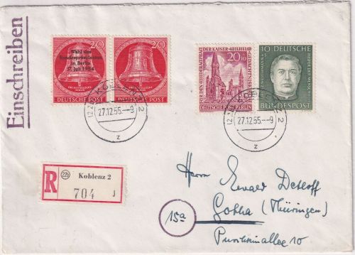 Berlin - 20 Pfg. Gedächtniskirche u.a. Einschreibebrief Koblenz - Gotha 1955