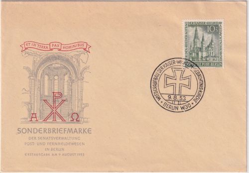 Berlin - 10 Pfg. Gedächtniskirche amtl. Schmuck--FDC ESST 9.8.53