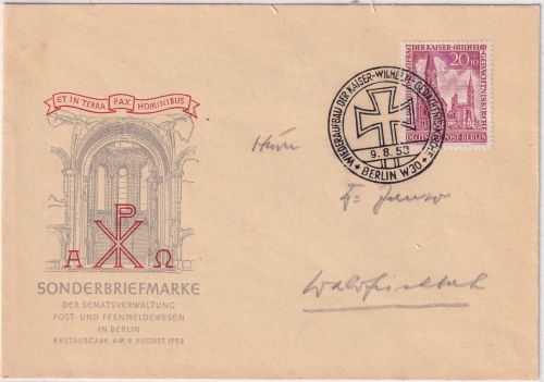 Berlin - 20 Pfg. Gedächtniskirche amtl. Schmuck--FDC ESST 9.8.53