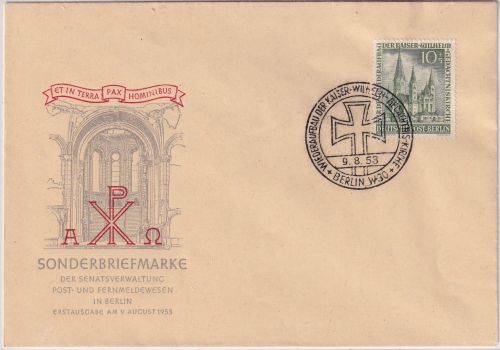 Berlin - 10 Pfg. Gedächtniskirche amtl. Schmuck-FDC ESST 9.8.53