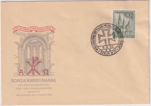 Berlin - 10 Pfg. Gedächtniskirche amtl. Schmuck-FDC ESST 9.8.53