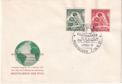Berlin - 10+20 Pfg. Tag der Briefmarke amtl. Schmuck-FDC ESST W30 7.10.51
