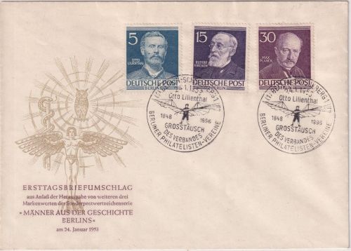 Berlin - 30+15+5 Pfg. Berliner Männer amtl. Schmuck-FDC 24.1.53