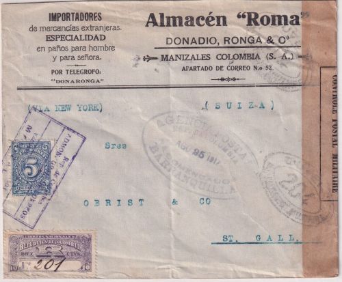 Kolumbien - 10 C. Einschreibemarke u.a. Einschreibebrief i.d. SCHWEIZ Honda 1917