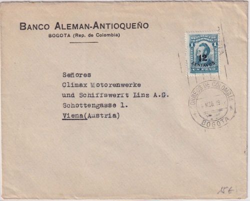 Kolumbien - 12 C/1 P. Sucre/Überdruck Firmenbrief n. ÖSTERREICH Bogota Wien 1935