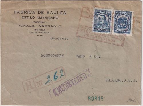 Kolumbien - 8+4 C. Freimarken Einschreibebrief n. USA Honda - Chicago 1927