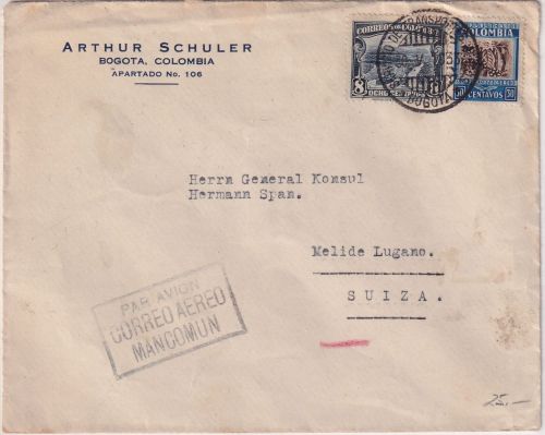 Kolumbien - 8 C. Platinmine u.a. Luftpostbrief i.d. SCHWEIZ Bogota - Melide 1932