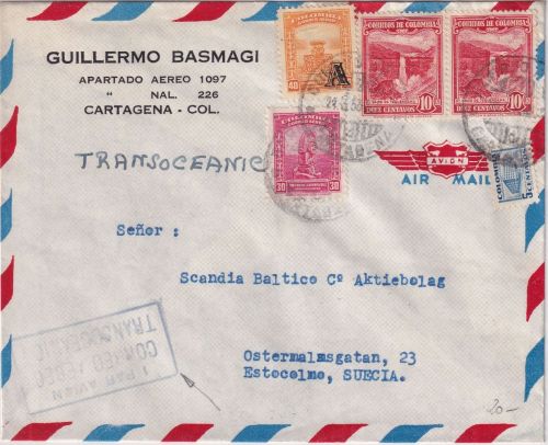 Kolumbien - 2x10 C. Wasserfall u.a. Luftpostbrief n. SCHWEDEN Cartagena 1953