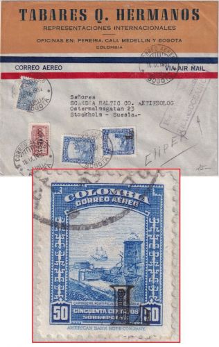 Kolumbien - 50 C. Flugpostaugabe "L" u.a. Luftpostbrief n. SCHWEDEN Bogota 1952