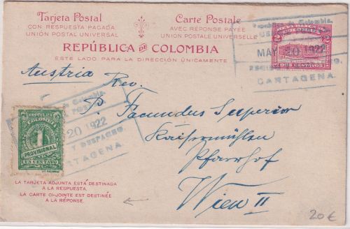 Kolumbien - 2 C. Capitolio Ganzsache+Zusatz n. ÖSTERREICH Cartagena - Wien 1922
