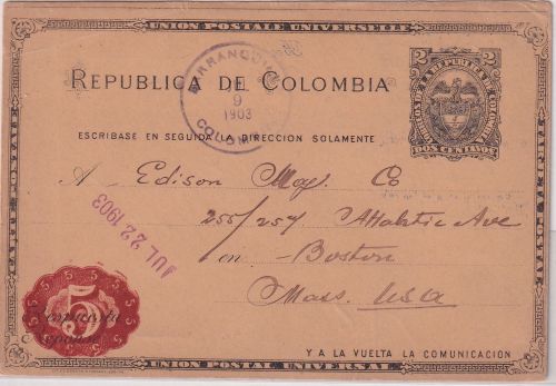 Kolumbien - 5/2 C. Überdruck Ganzsache n. USA Barranquilla - Boston 1903