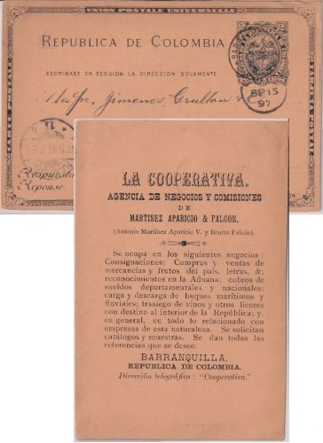Kolumbien - 2 C. Antwort-Ganzsache (priv. Zudruck) Barranquilla - Hamburg 1897
