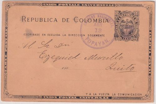 Kolumbien - 2 C. Ganzsache Popayan - Quito 1894