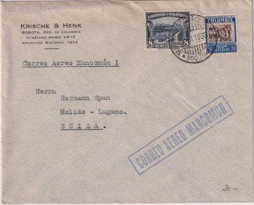 Kolumbien - 8 C. Platinmine u.a. Luftpostbrief i.d. SCHWEIZ Bogota - Melide 1933