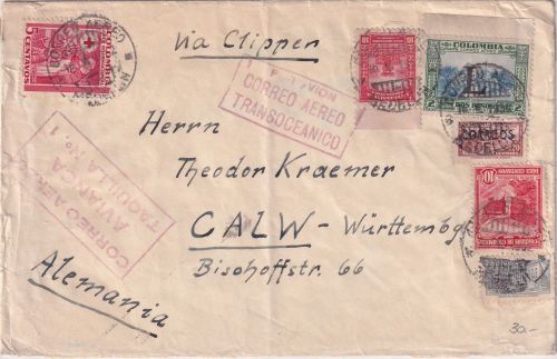 Kolumbien - 2 P. "Lansa" u.a. Luftpostbrief Medellin - Calw 1952