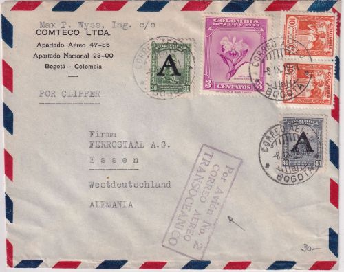 Kolumbien - 30+40 C. "Avianca" u.a. Luftpostbrief Bogota - Essen 1951