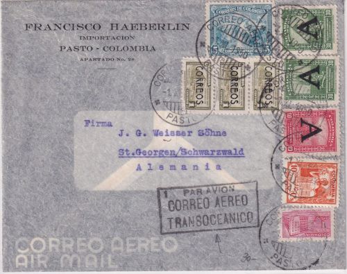 Kolumbien - 2x30+10 C. "Avianca" u.a. Luftpostbrief Pasto - St. Georgen 1950