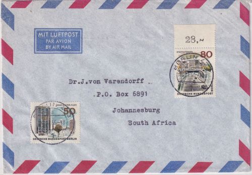 Berlin - 80+50 Pfg. Neu-Berlin Luftpostbrief n. SÜDAFRIKA 1965