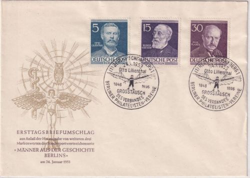 Berlin - 30+15+5 Pfg. Berliner Männer amtl. Schmuck-FDC 24.1.53