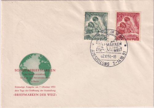 Berlin - 10+20 Pfg. Tag der Briefmarke amtl. Schmuck-FDC ESST W30 7.10.51