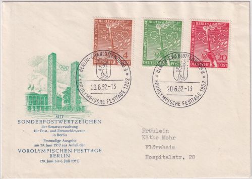 Berlin - Vorolympische Festtage amtl. Schmuck-FDC ESST Charlottenburg 20.6.52