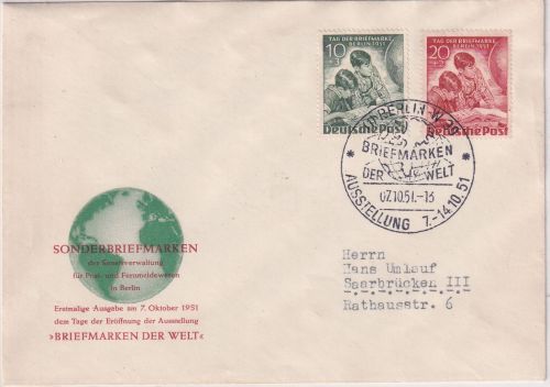 Berlin - 10+20 Pfg. Tag der Briefmarke amtl. Schmuck-FDC ESST W30 7.10.51