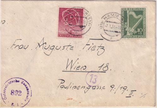Berlin - 20 Pfg. ERP + 10 Pfg. Philhamonie Zensurbrief n. ÖSTERREICH Hamm 1951