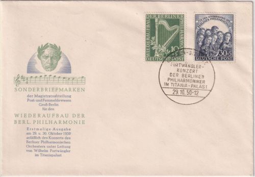 Berlin - 10+30 Pfg. Philharmonie amtl. Schmuck-FDC ESST Steglitz 29.10.50