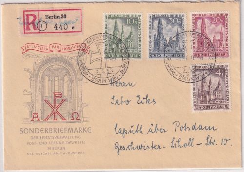 Berlin - Kaiser-Wilhelm-Gedächtniskirche amtl. Schmuck-FDC/Einschreiben 9.8.52