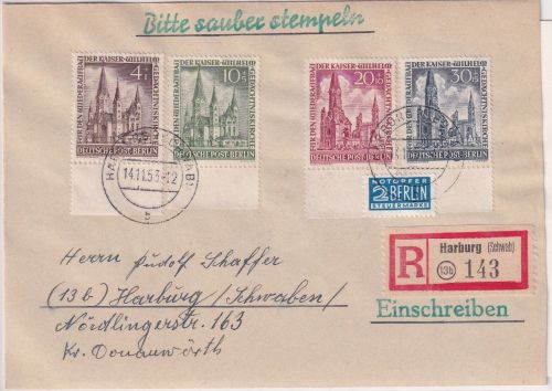 Berlin - Kaiser-Wilhelm-Gedächtniskirche Satz Einschreibebrief Harburg 14.11.53