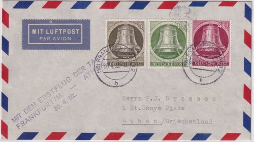 Berlin - 40 Pfg. Glocke rechts u.a. Luftpostbrief/Erstflug TAE FFM Athen 30.4.52