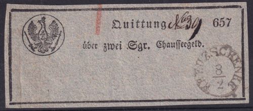 Preussen - Kreuzschenke 8/2 Fingerhut-K1 Chauseegeldquittung ca. 1840