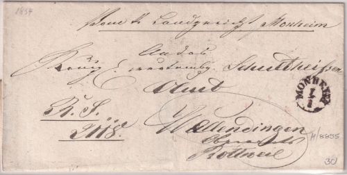 Bayern/Württemberg - Monheim 7/1 Fingerhut-K1 Dienstbrief n. Wellendingen1854