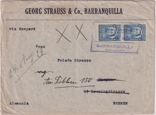 Kolumbien - 2x4 C. Santander Brief Ra5 Barranquilla - Bremen 1929