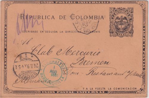 Kolumbien - 2 C. Ganzsache Barranquilla - Bremen 1895 - französische Schiffspost