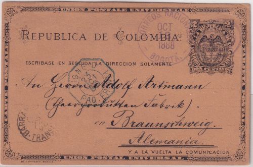 Kolumbien - 2 C. Ganzsache Bogota - Braunschweig 1888 - französische Schiffspost