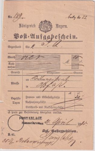 Bayern - Himmelkron Postablage L2 Post-Aufgabeschein f Postanweisung n. Hof 1890