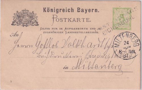 Bayern - Eichenbühl Postablage L2 3 Pfg. Ganzsache/Ortsbereich n. Miltenberg