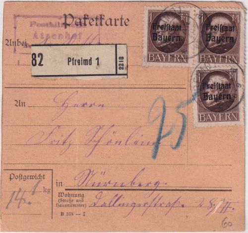 Bayern - Atzenhof T. Tännesberg Posthilfstelle Ra3 Paketkarte Pfreimd 1920