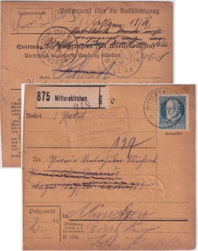 Bayern - Geratskirchen T. Mitterskirchen Posthilfstelle Ra3 Paketkarte 1916