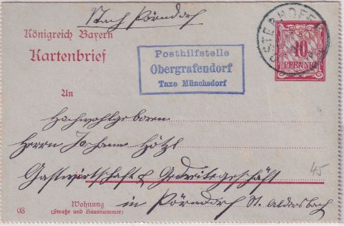 Bayern - Obergrafendorf T. Münchsdorf Posthilfstelle Ra3 10 Pfg. Ganzsache 1905