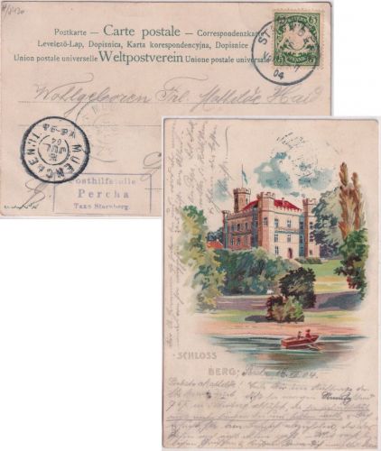Bayern - Percha T. Starnberg Posthilfstelle Ra3 Ansichtskarte Schloss Berg 1904