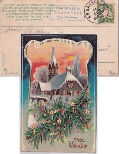 Bayern - Oberndorf T. Ebersberg Posthilfstelle Ra3 Weihnachtskarte 1906 Bahnpost