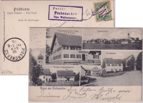 Bayern - Pestenacker T. Walleshausen Posthilfstelle Ra3 Ansichtskarte 1906