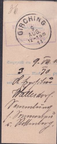 Bayern - Wallerdorf T. Girching Posthilfstelle Ra3 Einlieferungsabschnitt 1911