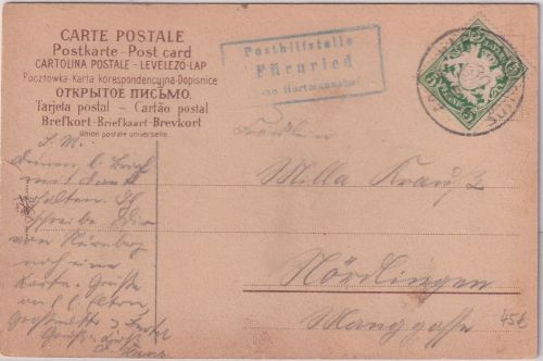 Bayern - Fürnried T. Hartmannsdorf Posthilfstelle Karte n. Nördlingen 1909