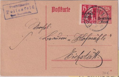 DR-Infla - Pollenfeld T. Seuversholz Posthilfstelle Ra3 Ganzsache Eichstätt 1920
