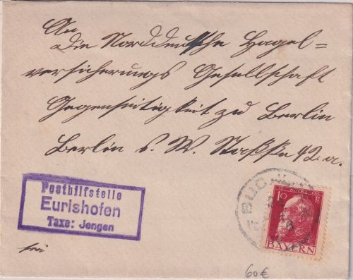 Bayern - Eurishofen T. Jengen Posthilfstelle Ra3 Brief Buchloe - Berlin 1913