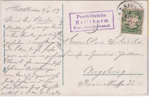 Bayern - Hallthurm T. Bad Reichenhall Posthilfstelle Ra3 Karte Bahnpost 1909