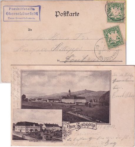 Bayern Oberschönefeld T. Gessertshausen Posthilfstelle Ra3 Karte n. BELGIEN 1902